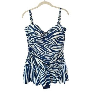 Chaps Skirted Pin Up One Piece Swimsuit Size 16 XL Zebra Print Blue White